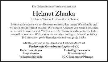 Traueranzeige von Helmut Zlunka von Süddeutsche Zeitung