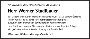 Traueranzeige von Werner Stadlbauer von Süddeutsche Zeitung