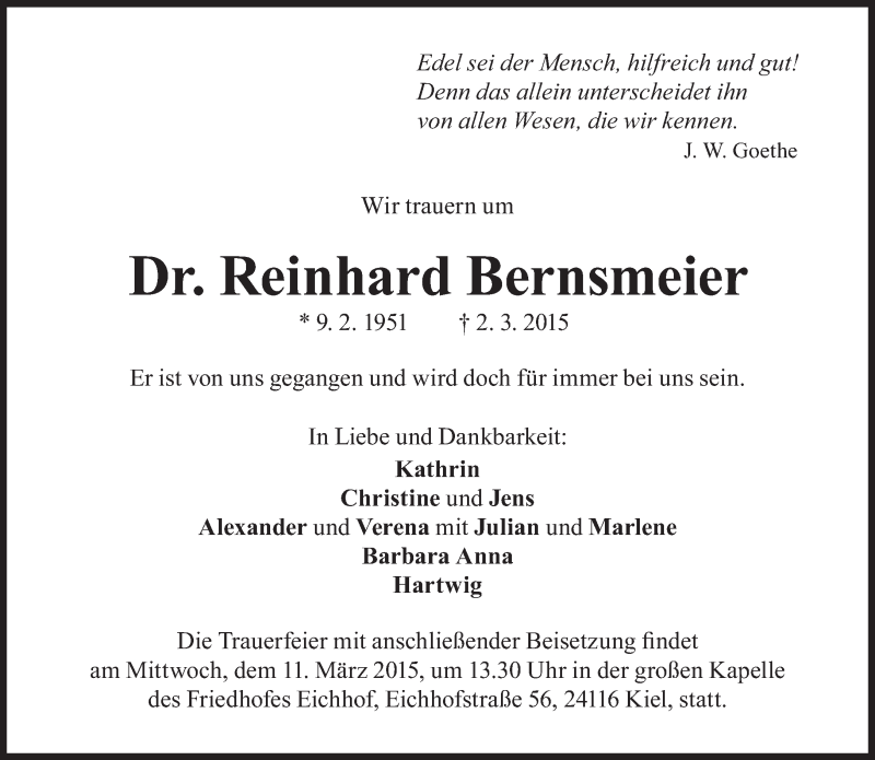  Traueranzeige für Reinhard Bernsmeier vom 07.03.2015 aus Süddeutsche Zeitung