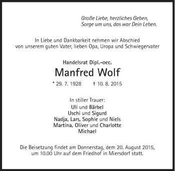 Traueranzeige von Manfred Wolf von Süddeutsche Zeitung
