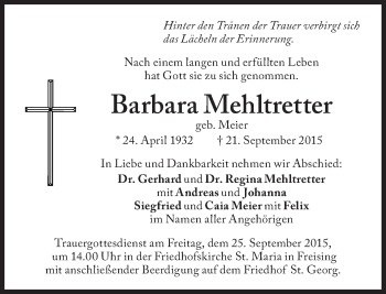 Traueranzeige von Barbara Mehltretter von Süddeutsche Zeitung