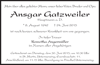 Traueranzeige von Ansgar Gatzweiler von Süddeutsche Zeitung