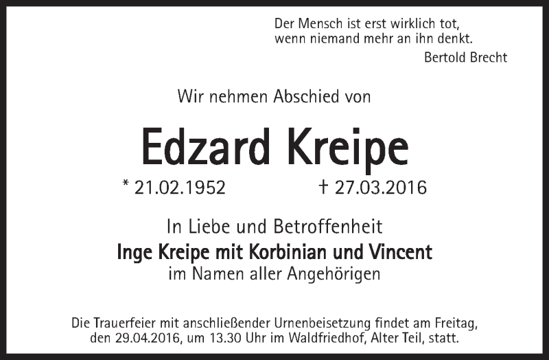  Traueranzeige für Edzard Kreipe vom 11.04.2016 aus Süddeutsche Zeitung