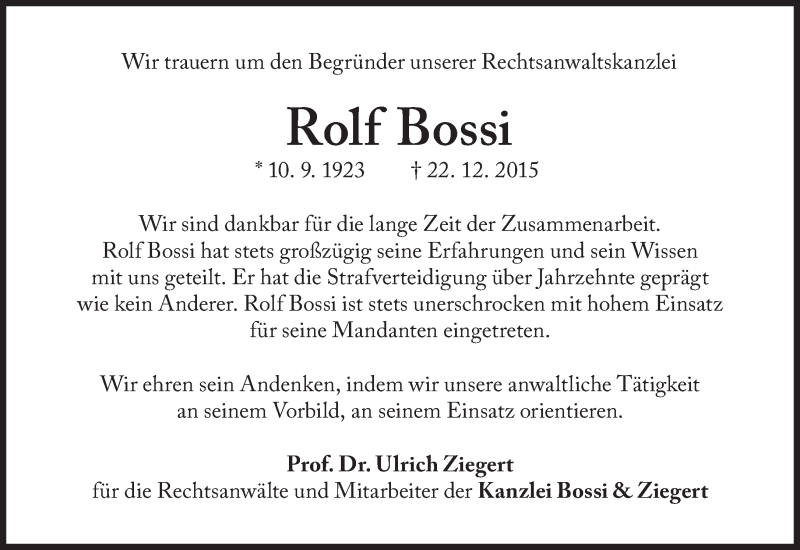  Traueranzeige für Rolf Bossi vom 09.01.2016 aus Süddeutsche Zeitung