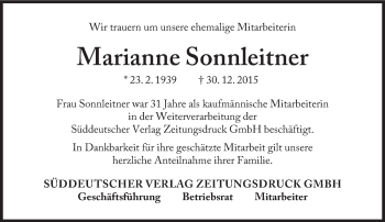 Traueranzeige von Marianne Sonnleitner von Süddeutsche Zeitung