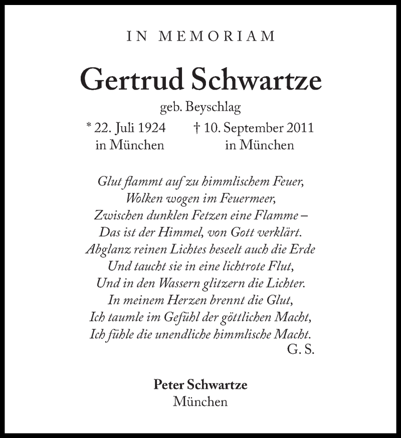  Traueranzeige für Gertrud Schwartze vom 10.09.2015 aus Süddeutsche Zeitung