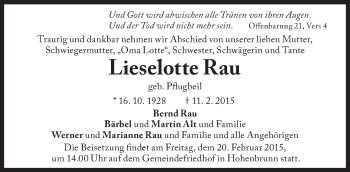 Traueranzeige von Lieselotte Rau von Süddeutsche Zeitung