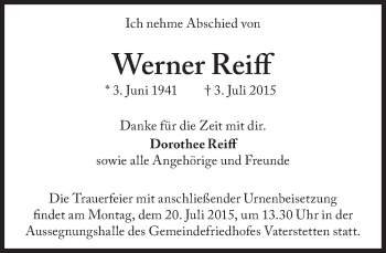 Traueranzeige von Werner Reiff von Süddeutsche Zeitung