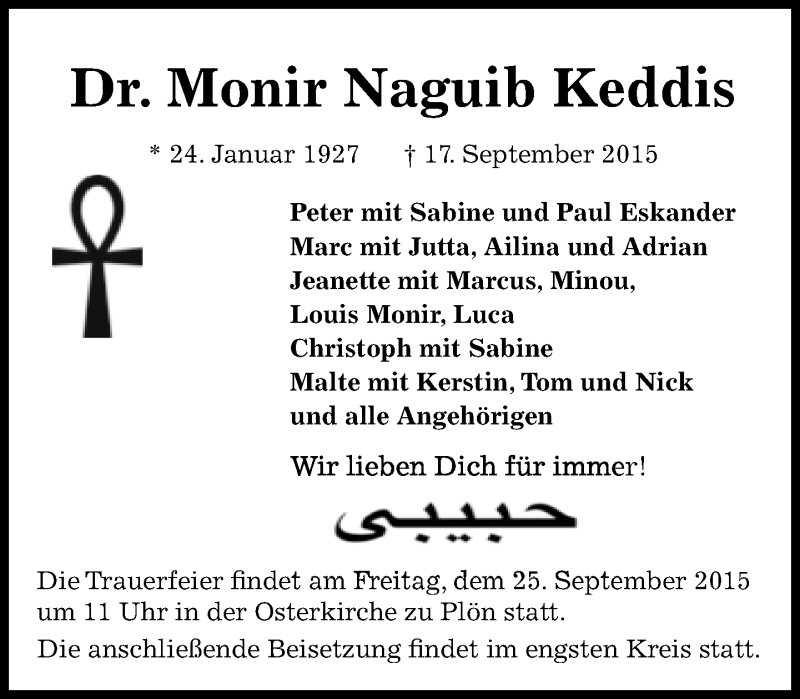  Traueranzeige für Monir Naguib Keddis vom 23.09.2015 aus Süddeutsche Zeitung