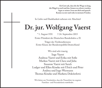 Traueranzeige von Wolfgang Vaerst von Süddeutsche Zeitung