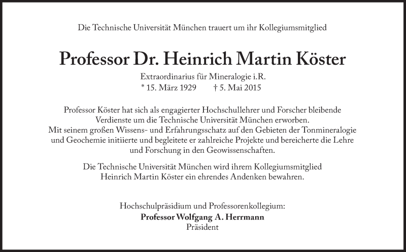  Traueranzeige für Heinrich Marton Köster vom 09.05.2015 aus Süddeutsche Zeitung
