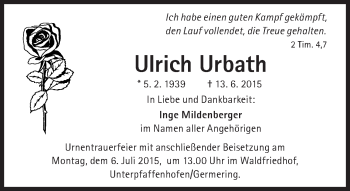 Traueranzeige von Ulrich Urbath von Süddeutsche Zeitung