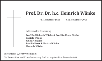 Traueranzeige von Heinrich Wänke von Süddeutsche Zeitung