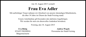 Traueranzeige von Eva Adler von Süddeutsche Zeitung