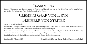 Traueranzeige von  Clemens Graf von Deym Freiherr von Striez von Süddeutsche Zeitung