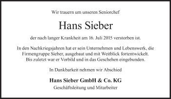 Traueranzeige von Hans Sieber von Süddeutsche Zeitung