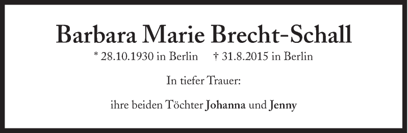  Traueranzeige für Barbara Marie Brecht-Schall vom 02.09.2015 aus SZ Trauer