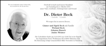 Traueranzeige von Dieter Beck von Süddeutsche Zeitung