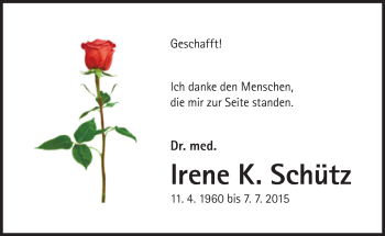 Traueranzeige von Irene K. Schütz von Süddeutsche Zeitung