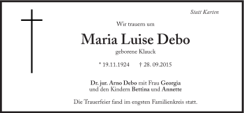 Traueranzeige von Maria Luise Debo von Süddeutsche Zeitung