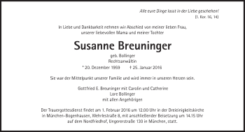 Traueranzeige von Susanne Breuninger von Süddeutsche Zeitung