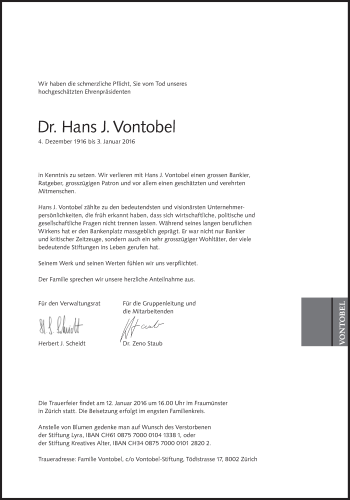 Traueranzeige von Hans J. Vontobel von Süddeutsche Zeitung