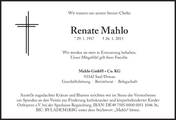 Traueranzeige von Renate Mahlo von Süddeutsche Zeitung