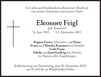Traueranzeige von Eleonore Feigl von Süddeutsche Zeitung
