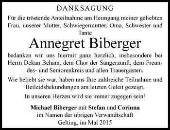 Traueranzeige von Annegret Biberger von Süddeutsche Zeitung
