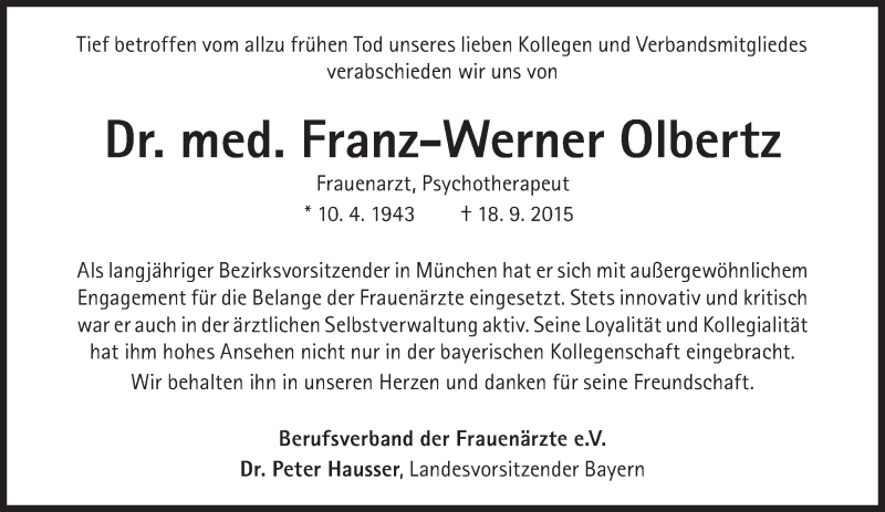  Traueranzeige für Franz-Werner Olbertz vom 02.10.2015 aus Süddeutsche Zeitung