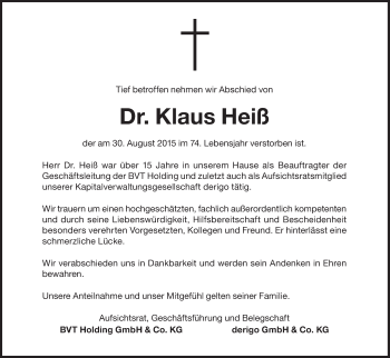 Traueranzeige von Klaus Heiß von Süddeutsche Zeitung