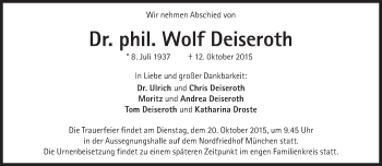Traueranzeige von Wolf Deiseroth von Süddeutsche Zeitung