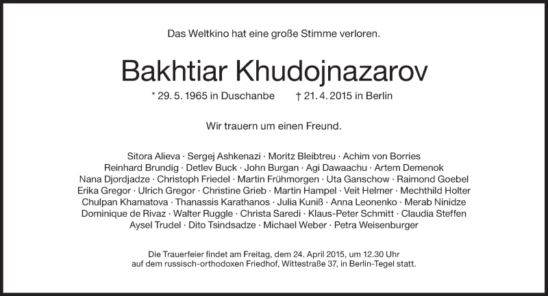  Traueranzeige für Bakhtiar Khudojnazarov vom 24.04.2015 aus Süddeutsche Zeitung