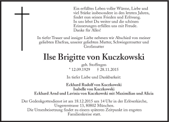 Traueranzeige von Ilse Brigitte von Kuczkowski von Süddeutsche Zeitung