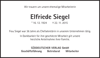 Traueranzeige von Elfriede Siegel von Süddeutsche Zeitung