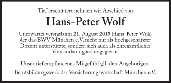 Traueranzeige von Hans-Peter Wolf von Süddeutsche Zeitung