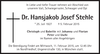 Traueranzeige von Hansjakob Josef Stehle von Süddeutsche Zeitung