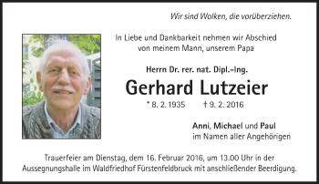 Traueranzeige von Gerhard Lutzeier von Süddeutsche Zeitung