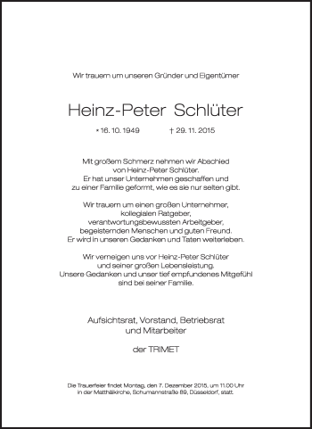 Traueranzeige von Heinz-Peter Schlüter von Süddeutsche Zeitung