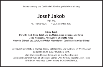 Traueranzeige von Josef Jakob von Süddeutsche Zeitung