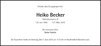 Traueranzeige von Heiko Becker von Süddeutsche Zeitung