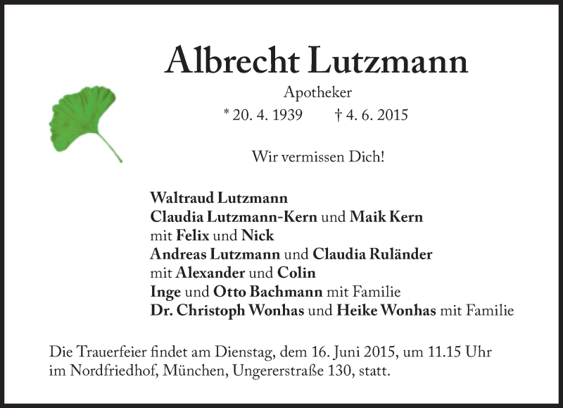  Traueranzeige für Albrecht Lutzmann vom 10.06.2015 aus Süddeutsche Zeitung
