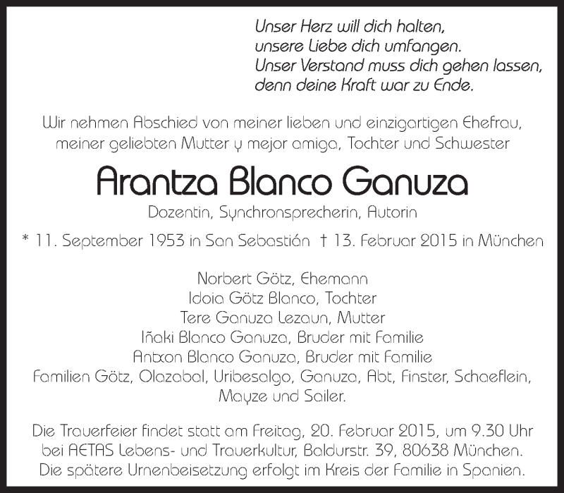  Traueranzeige für Arantza Blanco Ganuza vom 18.02.2015 aus Süddeutsche Zeitung