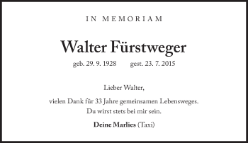 Traueranzeige von Walter Fürstweger von Süddeutsche Zeitung
