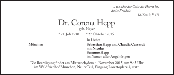 Traueranzeige von Corona Hepp von Süddeutsche Zeitung