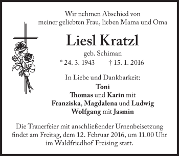 Traueranzeige von Liesl Kratzl von Süddeutsche Zeitung