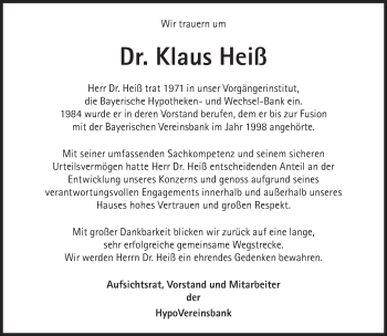 Traueranzeige von Klaus Heiß von Süddeutsche Zeitung