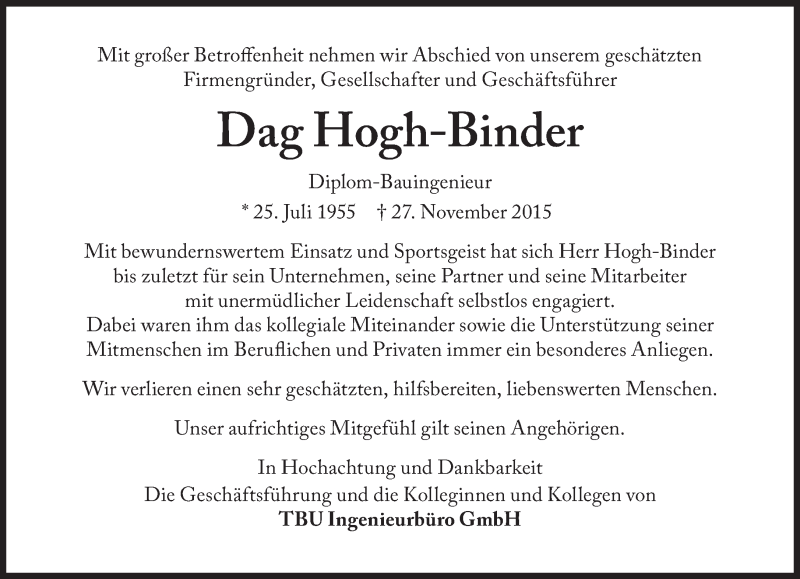  Traueranzeige für Dag Hogh-Binder vom 30.11.2015 aus Süddeutsche Zeitung