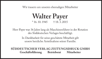 Traueranzeige von Walter Payer von Süddeutsche Zeitung