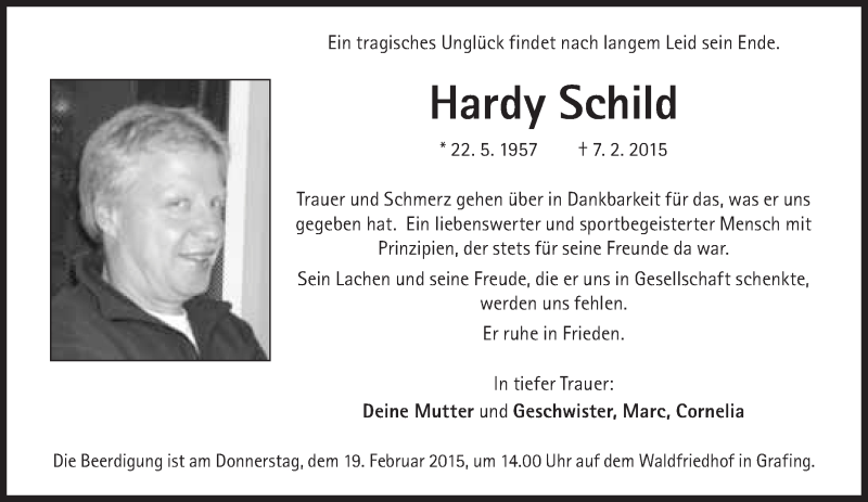  Traueranzeige für Hardy Schild vom 16.02.2015 aus Süddeutsche Zeitung